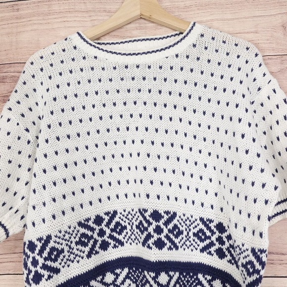 VINTAGE ALFRED DUNNER USA MADE WHITE BLUE FLORAL SHORT SLEEVE SWEATER WOMENS L - Picture 2 of 6